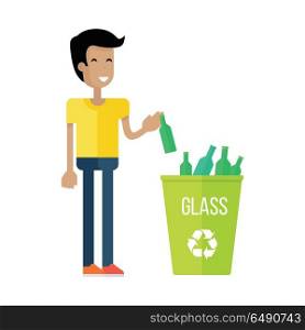 Boy Throw the Bottle into the Container with Glass.. Boy throw the bottle into the container with glass. Waste recycling infographic concept. Sorting process different types of waste vector illustration. Environment protection. Flat style design. Vector