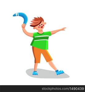 Boy Throwing Boomerang Playing Equipment Vector. Happy Smiling Little Child Person Play Throw Boomerang Hunter Tool. Playful Funny Time Activity Character Flat Cartoon Illustration. Boy Throwing Boomerang Playing Equipment Vector Illustration