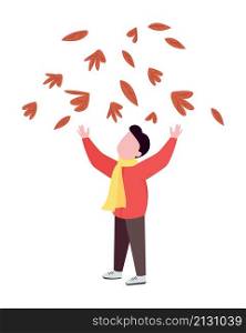 Boy throwing leaves semi flat color vector character. Playing with leaves figure. Full body person on white. Autumn activity isolated modern cartoon style illustration for graphic design and animation. Boy throwing leaves semi flat color vector character