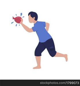 Boy throwing water bomb semi flat color vector character. Running figure. Full body person on white. Summer activity isolated modern cartoon style illustration for graphic design and animation. Boy throwing water bomb semi flat color vector character