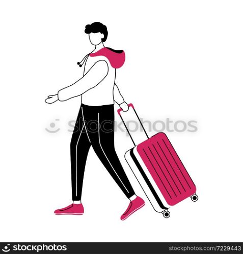 Boy tourist with suitcase flat contour vector illustration. Travelling abroad isolated cartoon outline character on white background. Man going on trip. Budget tourism simple drawing. Boy tourist with suitcase flat contour vector illustration