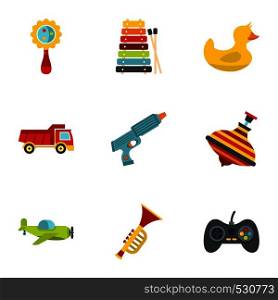 Boy toys icons set. Flat set of 9 boy toys vector icons for web isolated on white background. Boy toys icons set, flat style