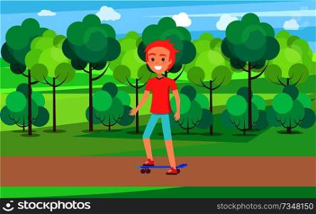 Boy training in green summer or spring park with bushes and trees vector, skater at skatepark, active skateboarder outdoors at workout skate. Skateboarder Training in Green Summer Spring Park