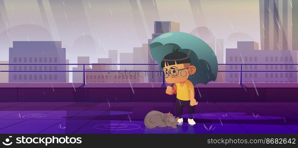 Boy under umbrella with homeless cat protect pet from autumn rain. Animal rescue, protection, support and love concept. Adoption and custody, help stray kitten, shelter, Cartoon vector illustration. Boy under umbrella with homeless cat in fall rain