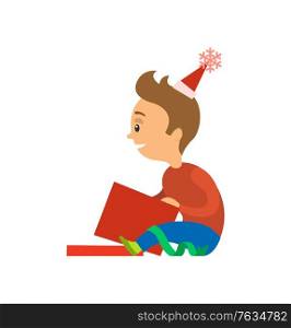 Boy unpacking Christmas presents during holidays. Child happy to open box with decoration tape. Surprise in giftbox, gift to kid from parents. Vector illustration in flat cartoon style. Boy Unpacking Christmas Presents During Holidays