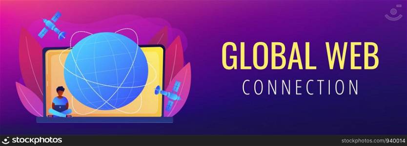 Boy use wireless Internet, teenager pastime, freelance job. Global web connection, global network communication, satellite navigation system concept. Header or footer banner template with copy space.. Global web connection concept banner header.