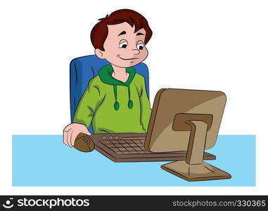 Boy Using a Desktop Computer, vector illustration