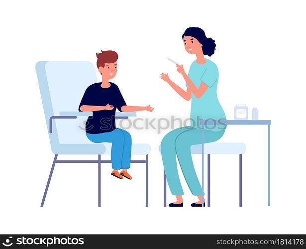 Boy vaccination. Nurse with syringe injects child. Disease or flu, virus prevention and protection vector illustration. Immunization and vaccination, infection protection. Boy vaccination. Nurse with syringe injects child. Disease or flu, virus prevention and protection vector illustration