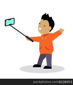 Boy Video Blogger with Smart Phone. Boy video blogger with smart phone. Blogger takes a video with the help of sticks and selfie smartphone. Young guy preparing for his plot online blog. Shooting telephone. Vector illustration