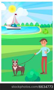 Boy walking dog and holding hot drink in public park with lake and floating yacht on background. Healthy relaxation outdoors in summer. Boy Walking Dog in Park with Lake on background