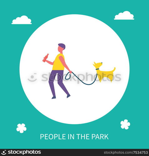 Boy walking dog on leash in park isolated cartoon banner vector icon. Guy in casual clothes with cola bottle going with pet, spending time outdoor. Boy Walking Dog on Leash in Park Cartoon Banner