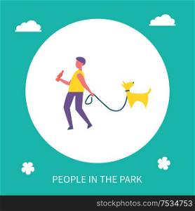 Boy walking dog on leash in park isolated cartoon banner vector icon. Guy in casual clothes with cola bottle going with pet, spending time outdoor. Boy Walking Dog on Leash in Park Cartoon Banner
