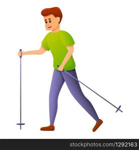 Boy walking sticks icon. Cartoon of boy walking sticks vector icon for web design isolated on white background. Boy walking sticks icon, cartoon style