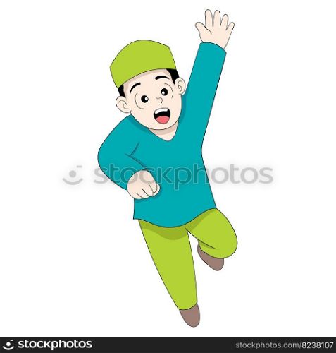 boy was running excitedly going to the mosque for worship. vector design illustration art