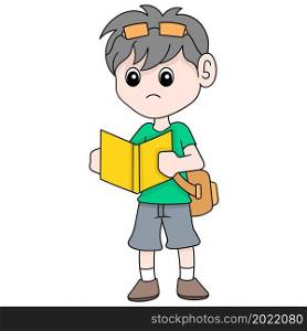 boy was standing reading textbook so go to school