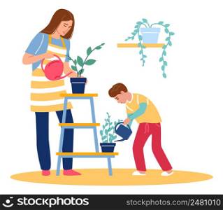 Boy watering plants with woman. Son and mother gardening together isolated on white background. Boy watering plants with woman. Son and mother gardening together