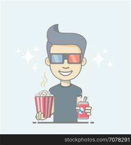 Boy wearing 3D glasses holding coke and popcorn box.