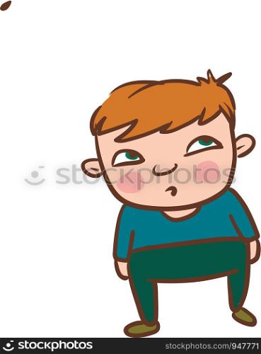 Boy wearing a green sweater blue pants looking at the falling leaf vector color drawing or illustration