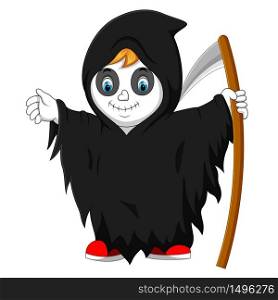 boy wearing grim reaper costume with scythe