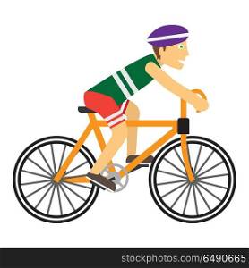 Boy Wearing Protective Helmet While Riding a Bike. Boy wearing protective helmet while riding a bike. Happy cartoon biker. Guy on the cute bicycle. Ecologically safe kind of transport. Healthy way of life and sport concept. Vector illustration.