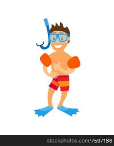 Boy wearing underwater mask, flippers and inflatable circles, smiling character in shorts, portrait view of teenager in swimming equipments vector. Child in Swimming Equipments, Standing Boy Vector