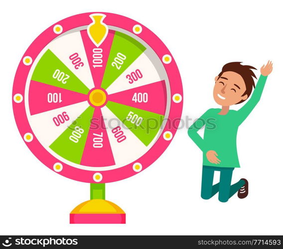 Boy winner and fortune wheel, money, risk and luck vector. Casino and opportunity, prize and award, color circle with l&s and pointer, rotation. Fortune Wheel Game and Boy Winner, Risk and Luck