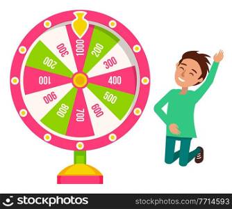 Boy winner and fortune wheel, money, risk and luck vector. Casino and opportunity, prize and award, color circle with l&s and pointer, rotation. Fortune Wheel Game and Boy Winner, Risk and Luck