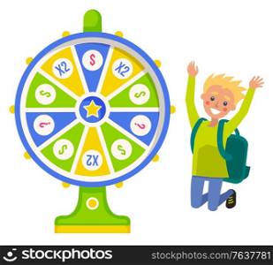 Boy winner with backpack and fortune wheel, risk and luck vector. Casino and opportunity, prize and award, color circle and pointer, rotation, jumping guy. Fortune Wheel and Boy Winner Jumping, Money Win