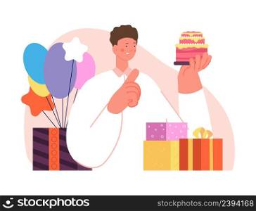Boy with birthday cake. Celebrating anniversary or majority. Happy man and presents, gift boxes and balloon. Sweet party, card vector template. Birthday cake party celebration illustration. Boy with birthday cake. Celebrating anniversary or majority. Happy man and presents, gift boxes and balloon. Sweet party, card vector template
