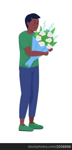 Boy with floral arrangement semi flat color vector character. Full body person on white. Special present to girlfriend isolated modern cartoon style illustration for graphic design and animation. Boy with floral arrangement semi flat color vector character