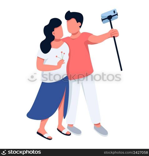 Boy with girl holding selfie stick for making photo semi flat color vector characters. Posing figures. Full body people on white. Simple cartoon style illustration for web graphic design and animation. Boy with girl holding selfie stick for making photo semi flat color vector characters