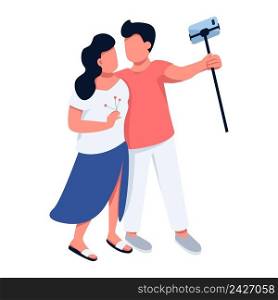 Boy with girl holding selfie stick for making photo semi flat color vector characters. Posing figures. Full body people on white. Simple cartoon style illustration for web graphic design and animation. Boy with girl holding selfie stick for making photo semi flat color vector characters