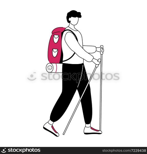 Boy with hiking sticks flat contour vector illustration. Cheap travelling ideas for students isolated cartoon outline character on white background. Camping in forest. Budget tourism simple drawing. Boy with hiking sticks flat contour vector illustration