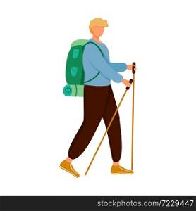 Boy with hiking sticks flat vector illustration. Camping activity. Cheap travelling choice. Active vacation. Budget tourism. Walking tour isolated cartoon character on white background. Boy with hiking sticks flat vector illustration