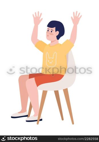 Boy with his hands up semi flat color vector character. Sitting figure. Full body person on white. Festive celebration simple cartoon style illustration for web graphic design and animation. Boy with his hands up semi flat color vector character
