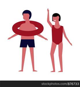 Boy with inflatable ring and girl in red swimsuit. Children ready to swim. Kids in swimwear on summer holidays. Guy in trunks with sister that waves her hand isolated cartoon vector illustration.. Boy with inflatable ring and girl in red swimsuit