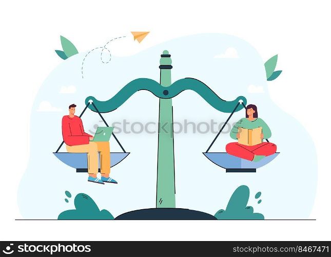 Boy with laptop and girl with book sitting on scale. Online and offline learning comparison flat vector illustration. Education concept for banner, website design, landing web page