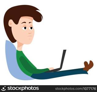 Boy with laptop, illustration, vector on white background.