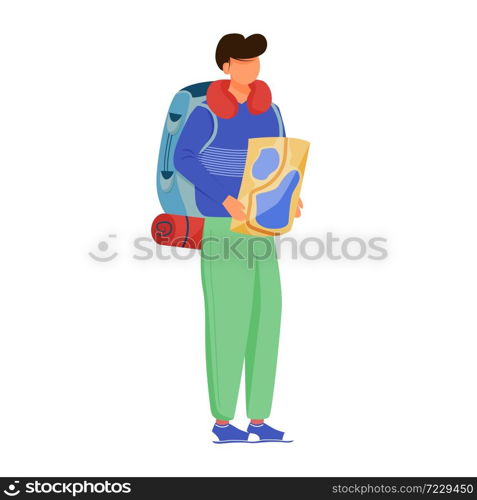 Boy with map flat vector illustration. Camping activity. Cheap travelling choice. Active vacation. Budget tourism. Walking tour in national park isolated cartoon character on white background. Boy with map flat vector illustration