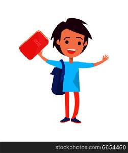 Boy with medium length hair wearing blue t-shirt and backpack holding orange hard back book in his hand isolated vector illustration on white. Boy with Medium Length Hair Wearing Blue T-shirt