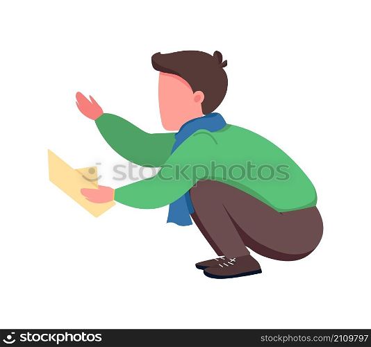 Boy with origami ship semi flat color vector character. Holding toy figure. Full body person on white. Autumn activity isolated modern cartoon style illustration for graphic design and animation. Boy with origami ship semi flat color vector character