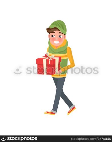 Boy with packed present, in hat and scarf, vector isolated on white. Christmas time celebration, person with gift box, wrapped package with bow. Boy with Packed Present, in Hat and Scarf, Vector