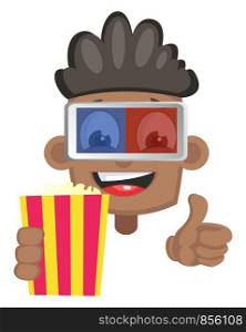 Boy with popcorn and 3d glasses, illustration, vector on white background.