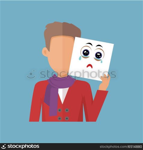 Boy with Sheet of Paper Expressing Sadness.. Young sexy boy with a sheet of paper expressing emotion of sadness. Person covers his real feelings under artificial mask. Part of series of people in different emotional states. Vector illustration.