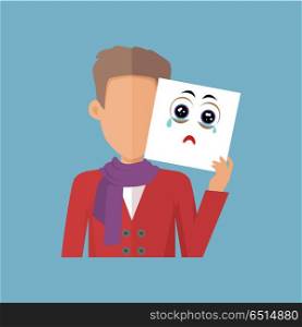 Boy with Sheet of Paper Expressing Sadness.. Young sexy boy with a sheet of paper expressing emotion of sadness. Person covers his real feelings under artificial mask. Part of series of people in different emotional states. Vector illustration.