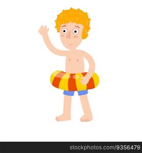 Boy with swimming ring. Element of vacation, sea and beach. Red hair Child learns to swim. Funny Boy playing. Flat cartoon. Summer holiday. Boy with swimming ring. Element of vacation