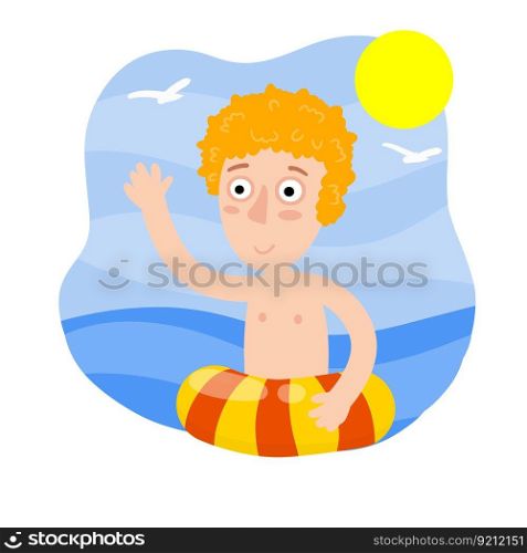 Boy with swimming ring. Element of vacation, sea and beach. Child learns to swim. Funny Boy play in water. Flat cartoon. Summer holiday. Boy with swimming ring. Element of vacation