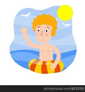 Boy with swimming ring. Element of vacation, sea and beach. Child learns to swim. Funny Boy play in water. Flat cartoon. Summer holiday. Boy with swimming ring. Element of vacation