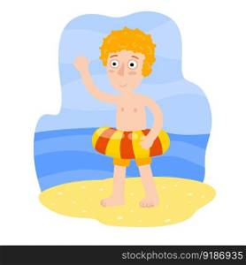 Boy with swimming ring. Red hair Child learns to swim. Funny Boy playing. Flat cartoon. Summer holiday. Element of vacation, sea and beach. Boy with swimming ring. Red hair Child