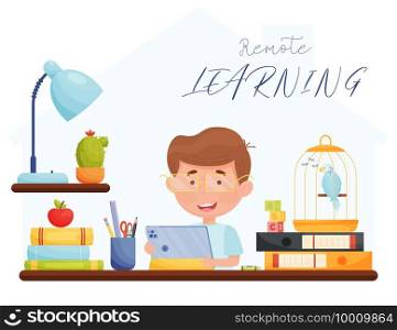 Boy with tablet sitting by the table. Online learning. Remote learning concept. vector illustration.